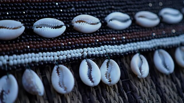 Cowrie shells and beads detail adorning a textured brown, tan, and black object