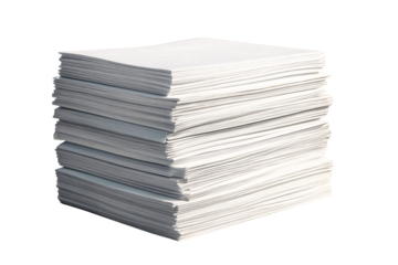 Stack of white paper sheets neatly arranged in multiple layers showing clean edges and thickness, isolated on a transparent background