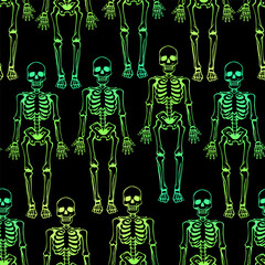 Stylized repeating green skeletons. Seamless vector pattern
