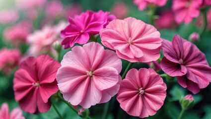 Colorful pink and purple flowers with green leaves, vibrant garden scene
