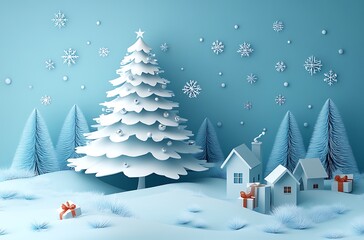 Naklejka premium Winter Wonderland Scene With Snowy Trees And Houses christmas festive