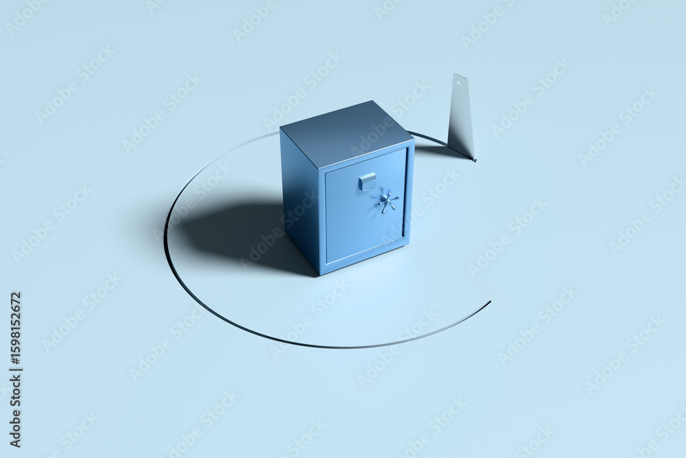 Poster steel safe rotating inside a circle with a section missing, symbolizing security breach or stealing 