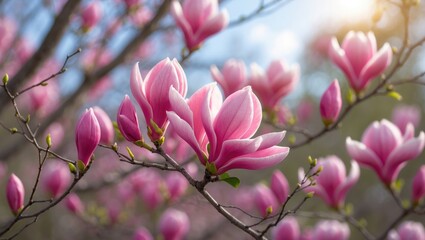 Magnolia blossoms on a branch in spring with pink flowers and soft sunlight, showcasing natural beauty and floral tranquility.