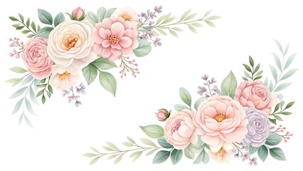 Elegant watercolor floral arrangements featuring soft pink and cream roses with delicate greenery