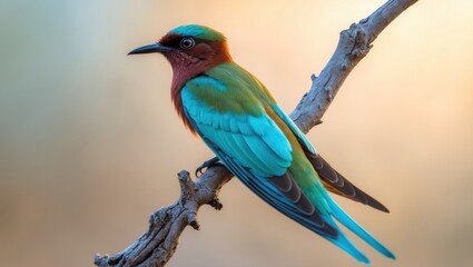 Colorful bird perched on a branch with vibrant feathers and a blurred background.