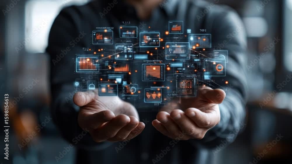 Poster a person's open hands cradling a glowing digital network of data displays with lines and lights