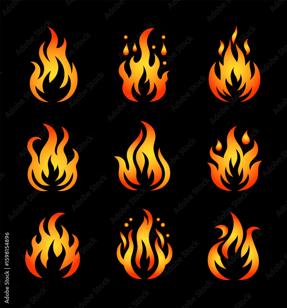 Poster a set of nine different fire shapes, each with a different size and style