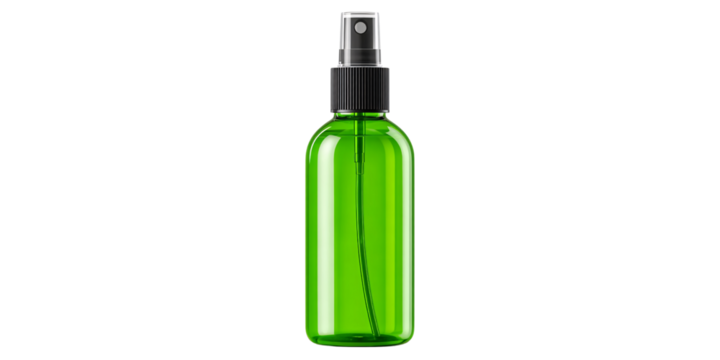 Green transparent spray bottle with black nozzle isolated on black background Concept of cosmetic, hygiene, and cleaning product