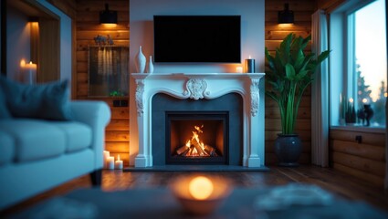 Cozy living room with a fireplace, TV, and wooden interior, featuring warm lighting, curtains, and indoor plants for a relaxing atmosphere.