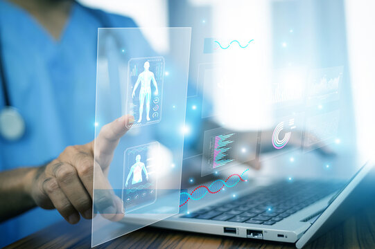 Medical professional interacting with holographic interface for patient monitoring and AI-assisted health data visualization in smart healthcare system