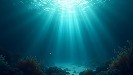 Obraz premium Deep ocean background with light rays penetrating water