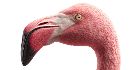 Fototapeta premium Closeup portrait of a pink flamingo head with detailed beak and eye on black background Concept of exotic birds, wildlife, and nature photography