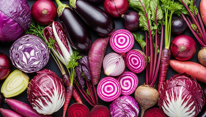 An elegant arrangement of purple toned fruits and vegetables captured in high detail from above, highlighting natural patterns, textures, and vivid hues.