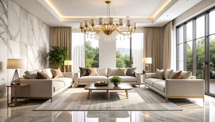 Living Room Interior Design with Sofa and Chandelier