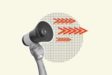 Full image 3d poster art collage of hand hold loudspeaker promote news demonstration activist...