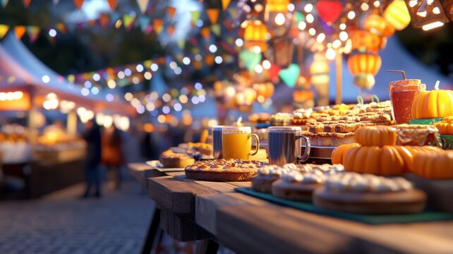 Festive fall fair bakery stall with pies, cookies, and cider mugs amid tents and pumpkins
