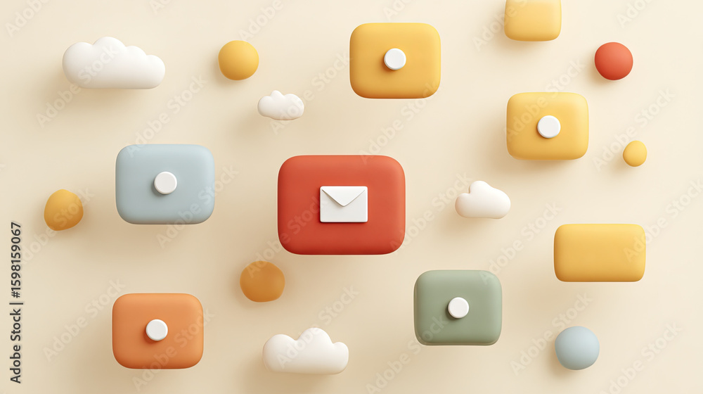 Poster message icon with envelope and colorful 3d shapes floating with
