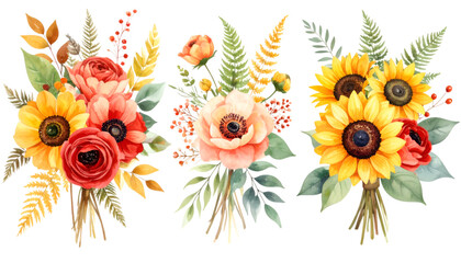 Watercolor floral bouquet: A collection of vibrant watercolor bouquets showcases sunflowers and other colorful blossoms, perfect for adding a touch of floral elegance to any project.