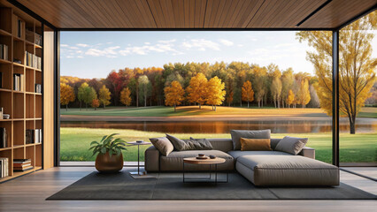 Modern living room with large glass windows overlooking a scenic autumn landscape with colorful trees, lake, and grassy field
