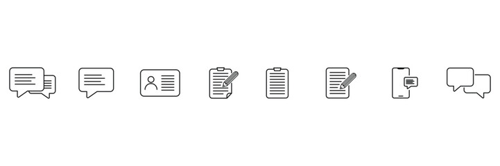 Communication and documentation elements for digital message dialogue form note paper interface symbol vector mobile contact icon illustration set.