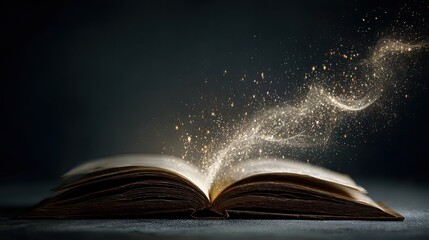 Open book, golden light, mystical particles