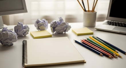 Creative Workplace With Blank Notebook And Colorful Pencils For Ideas And Inspiration