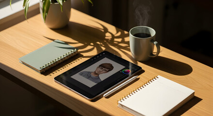 Creative Workplace With Digital Drawing Tablet And Hot Coffee Inspiration Moment