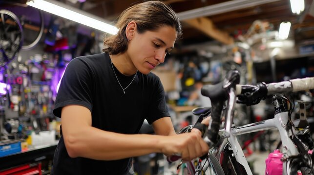 Young mechanic repairs bicycle in busy workshop during evening hours filled with tools and bike parts