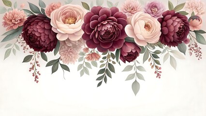 Elegant watercolor floral arrangement featuring deep burgundy and soft pink peonies with delicate greenery