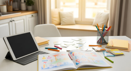 Creative Workspace At Home With Tablet And Art Supplies For Children's Activities