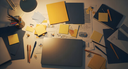 Creative Workspace At Night With Laptop And Scattered Stationery Items On Desk