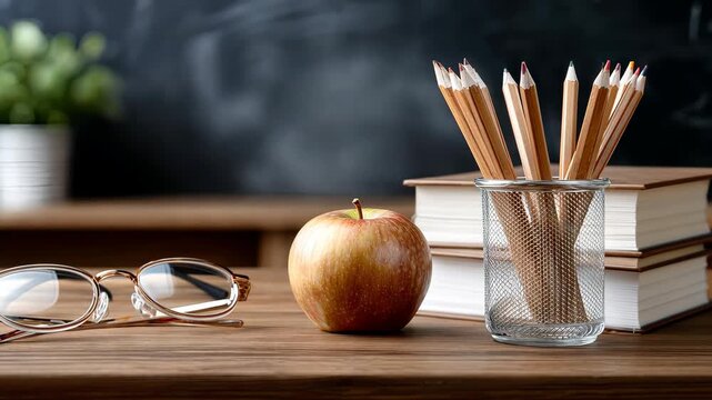 School desk setup with glasses, apple, and pencils in classroom environment during a bright afternoon