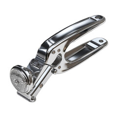 Metallic garlic press on white background with reflective surface