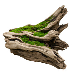 Isolated Driftwood with Green Moss on Black Background