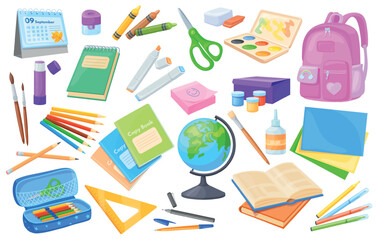 Fototapeta na wymiar Cartoon school supplies stationery. Preschool stationary stuff set, book pencil backpack pen office supply object sticker globe notebook calendar study neat vector illustration