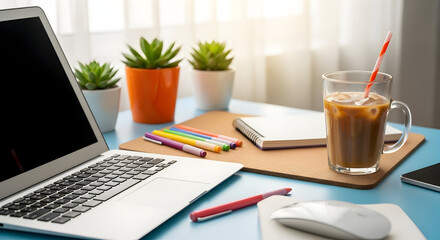 Creative Workspace Setup With Laptop Plants And Refreshing Iced Coffee Beverage
