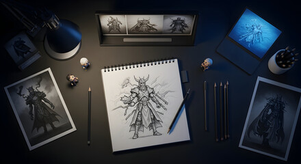 Creative Workspace Showing Digital Artist's Table With Fantasy Character Designs