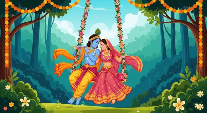 Radha Krishna on Swing in Vrindavan &ndash; Flat Vector Festival Illustration for Greeting Cards