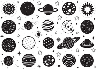 Outer Space Planet Icons Silhouette Set Vector on White Background