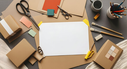 Creative Workspace With Paper Art Supplies And Empty Sheet For Your Craft