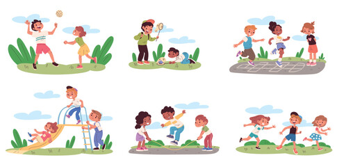 Children playing outside. Kids play outdoor active games in playground summer park, child hopscotch boy girl friends running with ball happy childhood, classy vector illustration