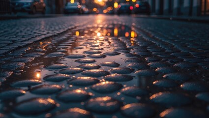 Fototapeta premium Wet cobblestone street at dusk with reflections and blurred city lights, urban atmosphere, rainy weather, night scene.