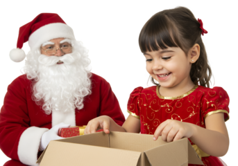 Isolated Photo of Girl Opening Christmas Gift with Santa