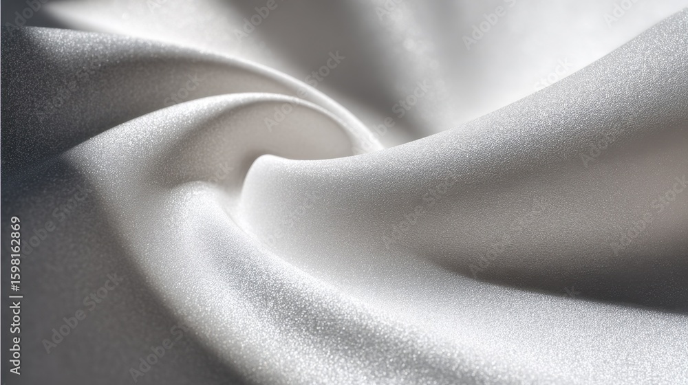 Poster luxurious white silk fabric flows and folds, creating a series of elegant waves that catch light and