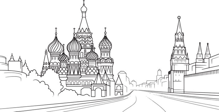 Detailed Outline Vector Illustration of Moscow Kremlin and Saint Basil's Cathedral