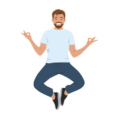 Man levitating in a cross legged meditation pose with eyes closed and hands in a mudra gesture. Flat vector illustration isolated on white background