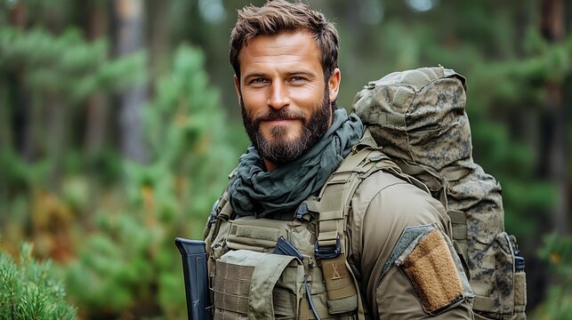 A man in military tactical gear smiles in a forest. - Powered by Adobe