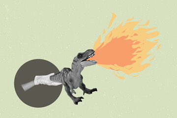 Creative photo collage of pet toy dragon animal hand hold wild scary tyrannosaurus fire roar pet...