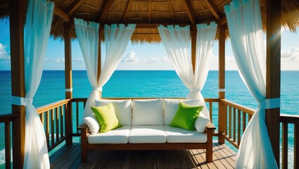 A tropical ocean view from a thatched hut with a white sofa and green pillows, surrounded by white curtains.