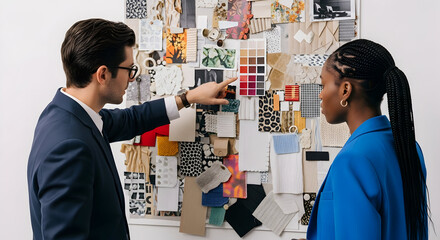 Designers Discussing Color Palette For Interior, Textile Project In Creative Studio